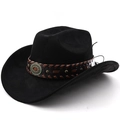 Detail of black suede cowboy hat featuring braided leather band with turquoise rivet badge - Black