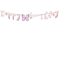 Pink Happy Birthday banner with purple paper butterfly detail for party decoration - Birthday Banner Style 1