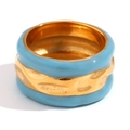 Dreischichtiger Wellenring mit 18K Vergoldung und hellblauem Emaille im breiten Design - US 6 / Gold-Blau