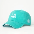 Detail of LA embroidery on washed cotton baseball cap in mint blue with side patch - One Size / Lake Blue With White Logo