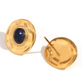 Vintage hammered 18K gold plated hollow earrings with blue lapis stone inlay - Oval Faux Lapis Lazuli Stone Stud Earrings - Gold