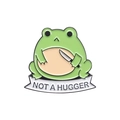 Cartoon frog enamel pin with Not a Hugger text banner on a white background - Frog with Knife Style (QHXZ3138)
