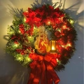 Christmas wreath with red flowers, nativity card, lantern and warm LED string lights - 40CM Red Wreath (With Light)