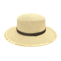 Classic flat-top straw Panama sun hat with a wide frayed brim and stylish decorative band - M (56-58cm) / Beige