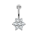 Silver flower belly button ring with sparkling zircon inlays on a clean white background - Style 21