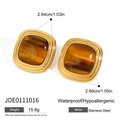 Square gold stainless steel stud earrings featuring tiger eye stone insets and measurements - Square / Gold