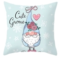 Close-up of square pillowcase with cute gnome print and snowflakes on light blue fabric - Style 13