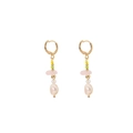 Bohemian gold earrings with handmade colorful beads, pink raw stone, and baroque pearl - Pink Quartz Baroque Earring