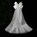 Elegant white tulle bridal hair bow clip with long ribbons and satin finish detail - Thin Tulle Satin Bow Veil / White