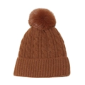 Détails du motif en tricot torsadé d'un bonnet d'hiver avec un gros pompon en fourrure - M (56-58cm) / Marron