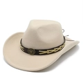 Detail of beige wool felt cowboy hat with brown band and bull head metal badge - M (56-58cm) / Beige