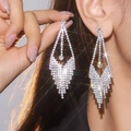 Elegant silver tassel earrings with geometric crystal studs on a female model - Silver Exaggerated Geometric Hollow Rhinestone Tassel Earrings DTE1617077S-W