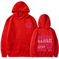 Women's trendy red hoodie featuring vintage California surf graphics and front pocket - S / Red (Pink Print)