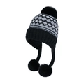 Winter Fair Isle knit earflap hat with black pom-poms in black, gray and white pattern - Black
