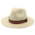 Chapeau Panama classique en paille pour femme avec ruban rayé rouge et vert - M (56-58cm) / Poche zippée
