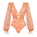 Detail of coral V-neck swimsuit featuring mesh long sleeves and white seashell patterns - S / Orange One-Piece Swimsuit