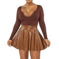 Women's fashion set featuring a brown knit top and caramel PU pleated mini skirt - S / Bottoms / Camel