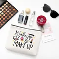 White canvas makeup bag with 'Wake up & MAKE UP' lettering and colorful cosmetic prints - Style D-Wake up & MAKE UP