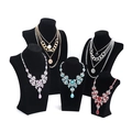 Set of layered metal chains and floral crystal necklaces on black velvet neck busts - Mini Size Height 19cm / Black