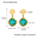 Golden stainless steel earrings with square green glass stones and dimensions - Earrings / Gold-Light Green