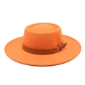 Detail view of orange wool fedora with brown faux leather double belt and metal buckle - M (56-58cm) / Orange