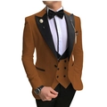 Men's business three-piece suit in camel brown with matching vest and black trousers - Dark Brown