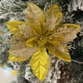 Three-layer golden artificial poinsettia with glitter on snowy Christmas tree branches - Dark Gold