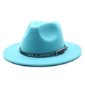 Close-up of a teal fedora hat featuring a woven leather band and silver metal buckle - M (56-58cm) / Lake Blue