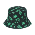 Unisex cotton bucket hat with green palm tree prints on black background for summer sun protection - 58cm / Green