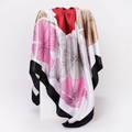 Close-up of satin square scarf with abstract floral patterns and elegant black borders - 90x90cm / White (D9223)