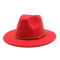 Close-up of a vibrant red wool Fedora hat featuring a classic brown leather rope band detail - M (56-58cm) / Red