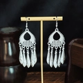 Ethnic style silver hollow earrings with leaf fringe tassels and bohemian metal design - Silver Hollow Grid Water Drop Tassel Style (E6073-18)