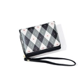 Short black bifold wallet featuring grey diamond grid pattern and small red hearts - Black