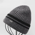 Detailed view of the sport embroidery on the gray and black ribbed winter knit hat - Dark Gray