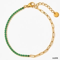 Gold stainless steel anklet with green zircon stones and paperclip chain style - Green Zircon Gold (A408)