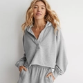 Set relax da donna grigio con felpa con cappuccio corta e pantaloni in maglia abbinati - S / Grigio Misto