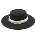 Classic black flat top wool felt boater hat with elegant white pearl bead decorations - M (56-58cm) / Black
