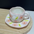 Irregular handmade ceramic coffee cup and saucer set with pink floral cow print patterns - 250ML / Pink Flower