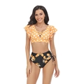 Two-piece bikini set with orange polka dot top and black high-waisted lemon print bottom - S / Drawstring Orange Polka Dot