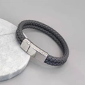 Pulsera de cuero trenzado de doble capa con cierre magnético de acero inoxidable - Cierre Plateado Cuero Gris