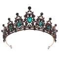Close-up of gold bridal headband with green teardrop crystals and black rhinestones - Antique Gold Black Diamond + Green Diamond