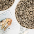 Natural round jute placemat featuring black mandala print with rustic tassel fringe - 38cm / Black Vintage Large Pattern
