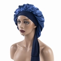 Navy blue satin sleep bonnet with wide long ties for adjustable comfort on white background - Medium / Navy Blue