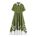 Elegante abito midi francese verde con stampa tie-dye, colletto a camicia e cintura - S / Verde