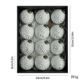 Set of 12 white Christmas ornaments with embossed leaf patterns in a black gift box - 8cm 12Pcs/Box / Antique Silver (White Base)