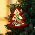 Christmas tree shaped wooden LED light hanging ornament with Santa and reindeer scene - Red Tree