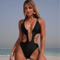 Sexy schwarzer Monokini mit Cut-Outs, V-Ausschnitt und dekorativem Goldring für Damen - S / Schwarz