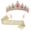Golden Birthday Queen set with colorful rhinestone tiara and sparkling gold glitter sash - Gold Colorful Crystal Set (Queen)(6)