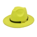 Detail of neon yellow fedora hat featuring a black leather band and gold metal buckle - Neon Yellow