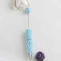DIY beadable pen with light blue pearls and iridescent rhinestones on a silver barrel - Pearl Lake Blue